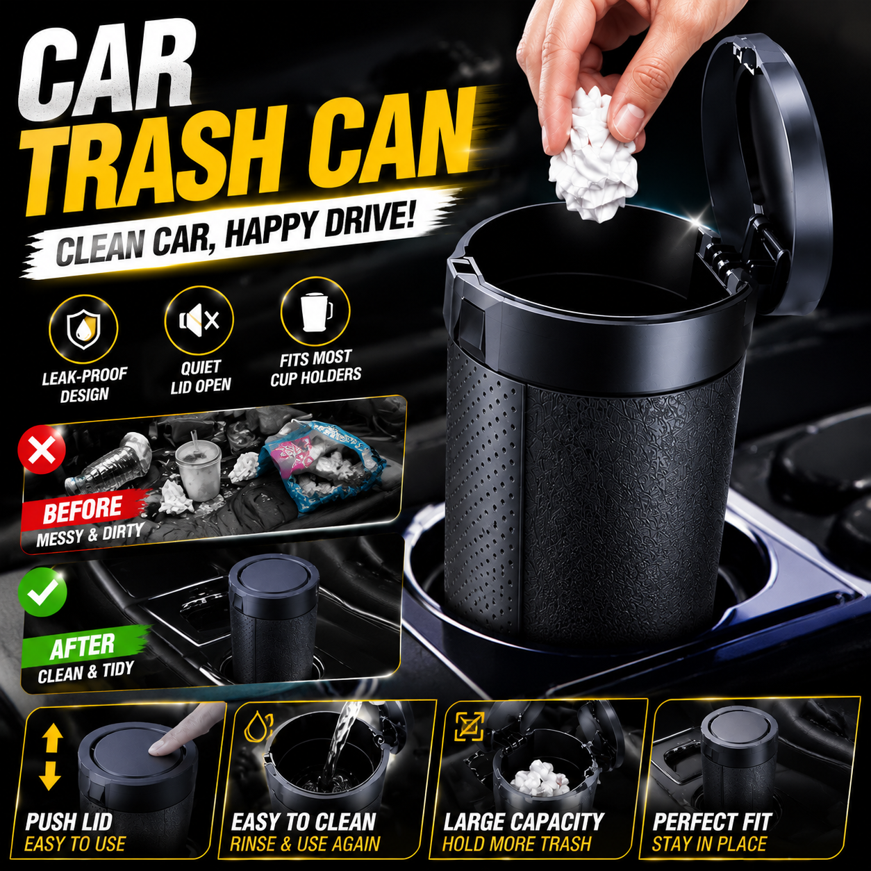 Interior Design Type - Car Interior Trash Bin Push Lid