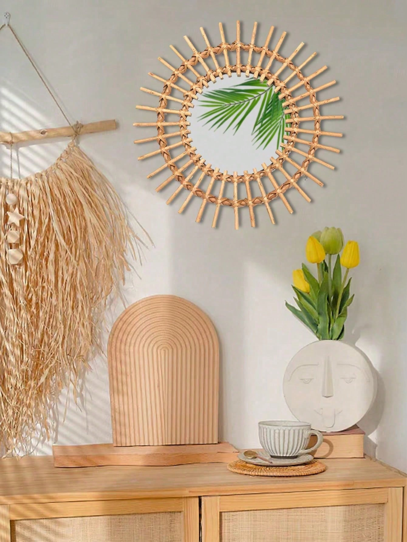 Boho Rattan Wall Mirror, Handm - Rattan Mirror Round ulasan dan harga