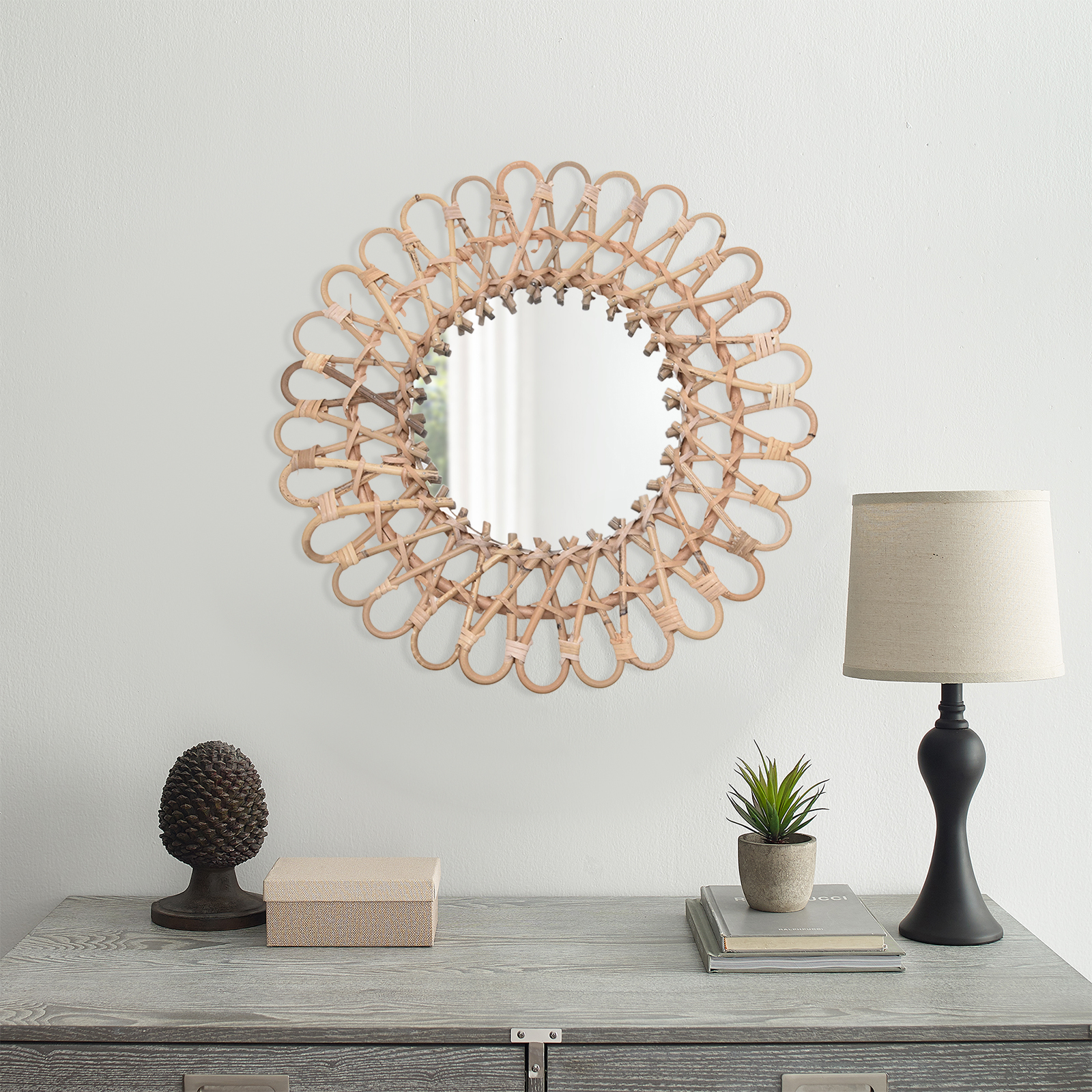 40cm Large Rattan Mirror Wall  - Rattan Mirror Round ulasan dan harga
