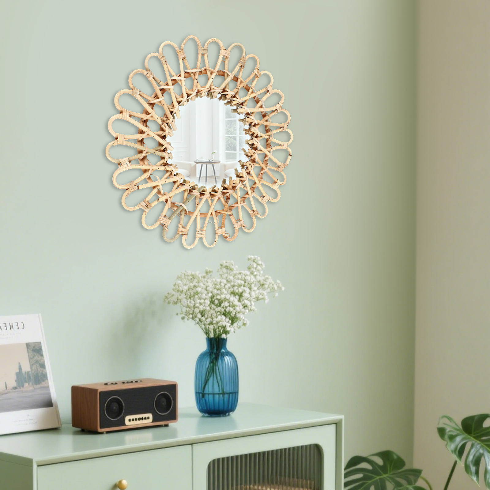 40cm Large Rattan Mirror Wall  - Rattan Mirror Round ulasan dan harga